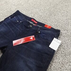 NEW Guess Jeans Mens 36X33 Dark Blue Denim Pants Skinny Stretch Whiskered Fade